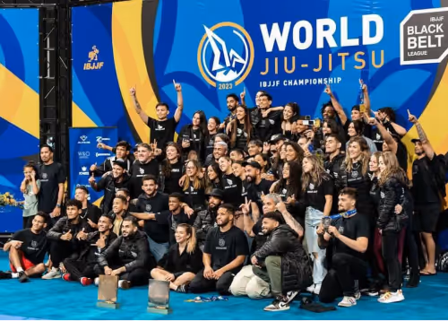 Group photo of Jiu-Jitsu practitioners celebrating a competition win in front of a World Jiu-Jitsu banner