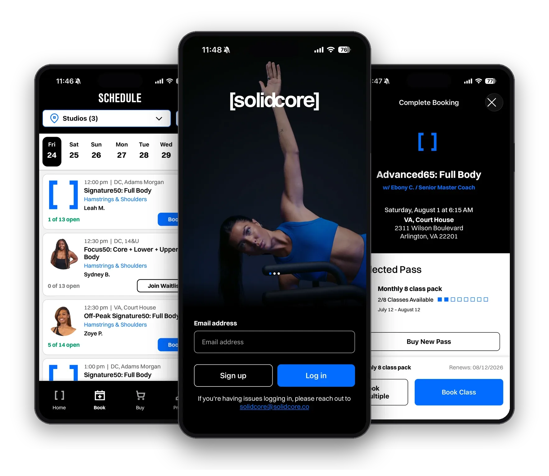 App screens showing login, weekly class schedule, and class booking with book buttons