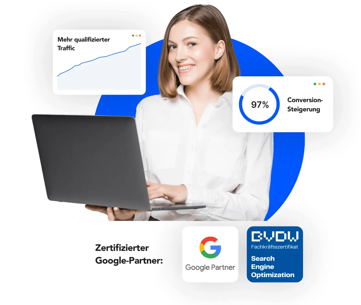 Marketing-Expertin sieht am Laptop Statistiken zu SEO und Google Ads. DanebenGoogle Partner Logo und BVDW SEO Fachkräftezertifikat
