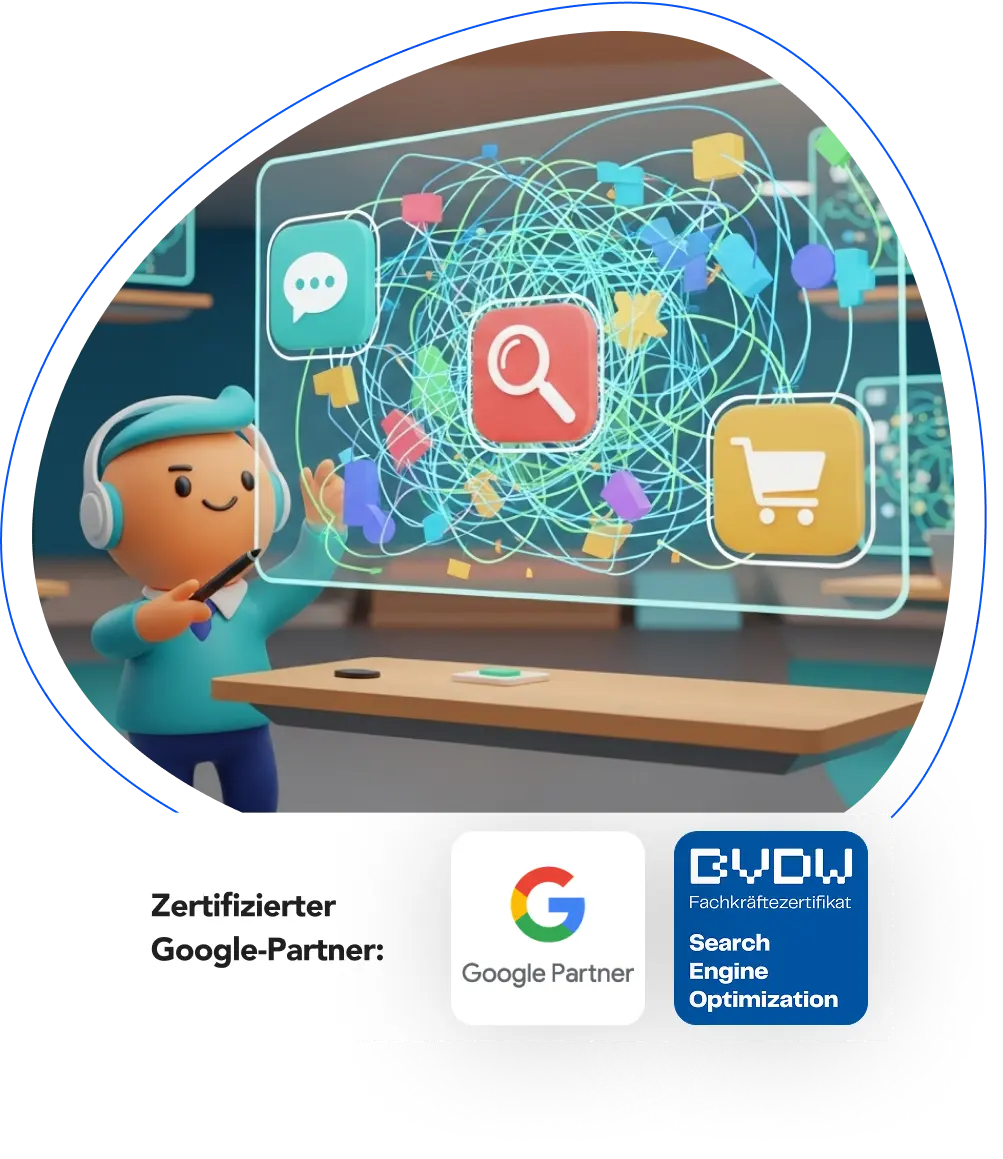 Eine Figur analysiert ein komplexes Netz aus Such- und Shopping-Signalen, untermauert durch Zertifizierungen als Google Partner und BVDW-SEO-Fachkraeftezertifikat.
