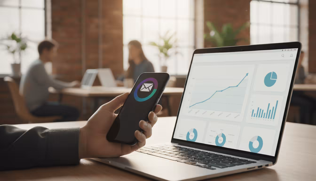 Eine Newsletter Marketing Statistik auf einem Laptop in einem Coworking Space und eine E-Mail-Benachrichtigung auf einem Smartphome