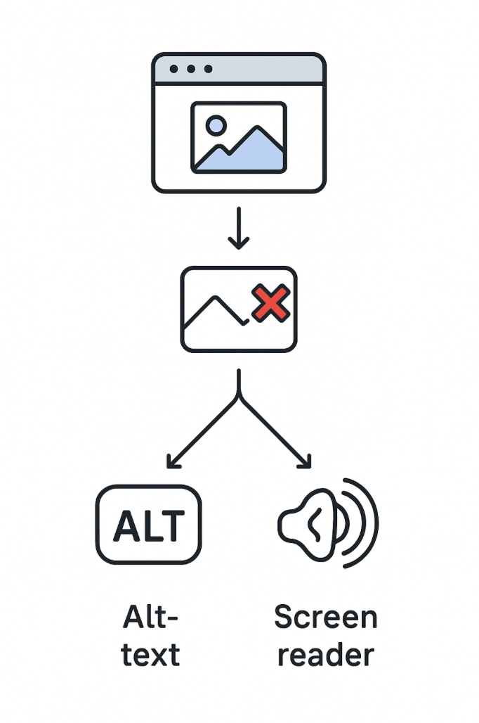 Flussdiagramm: Ein Webbrowser fordert ein Bild an, das Bild lädt nicht, woraufhin entweder Alt-Text angezeigt oder vom Screenreader vorgelesen wird.