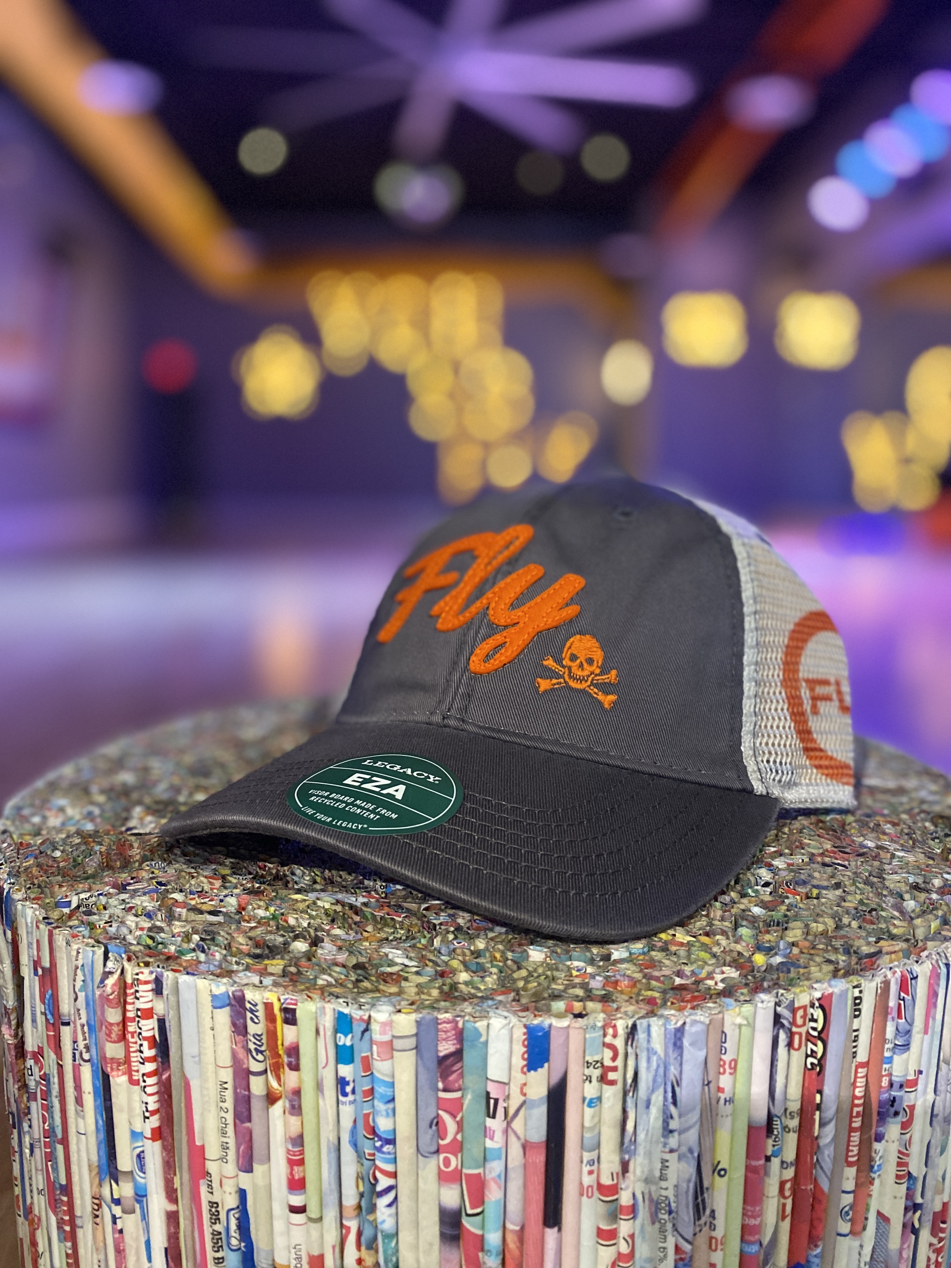 Legacy Orange Fly Script Trucker Dark Grey Hat