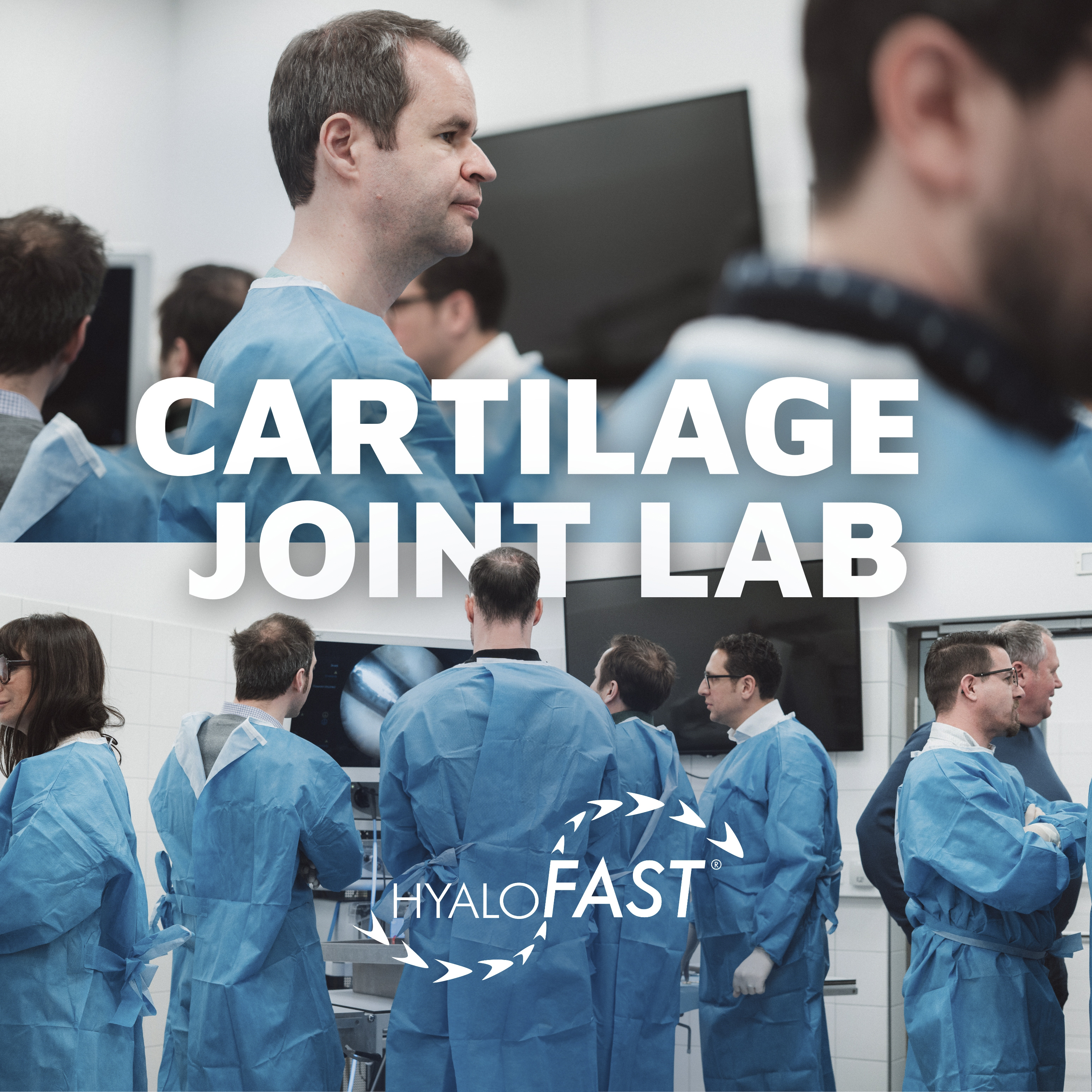 Titel Cartilage Joint Lab; Männer im blauen OP Gewand stehen in einem OP mit Screens im Hintegrund
