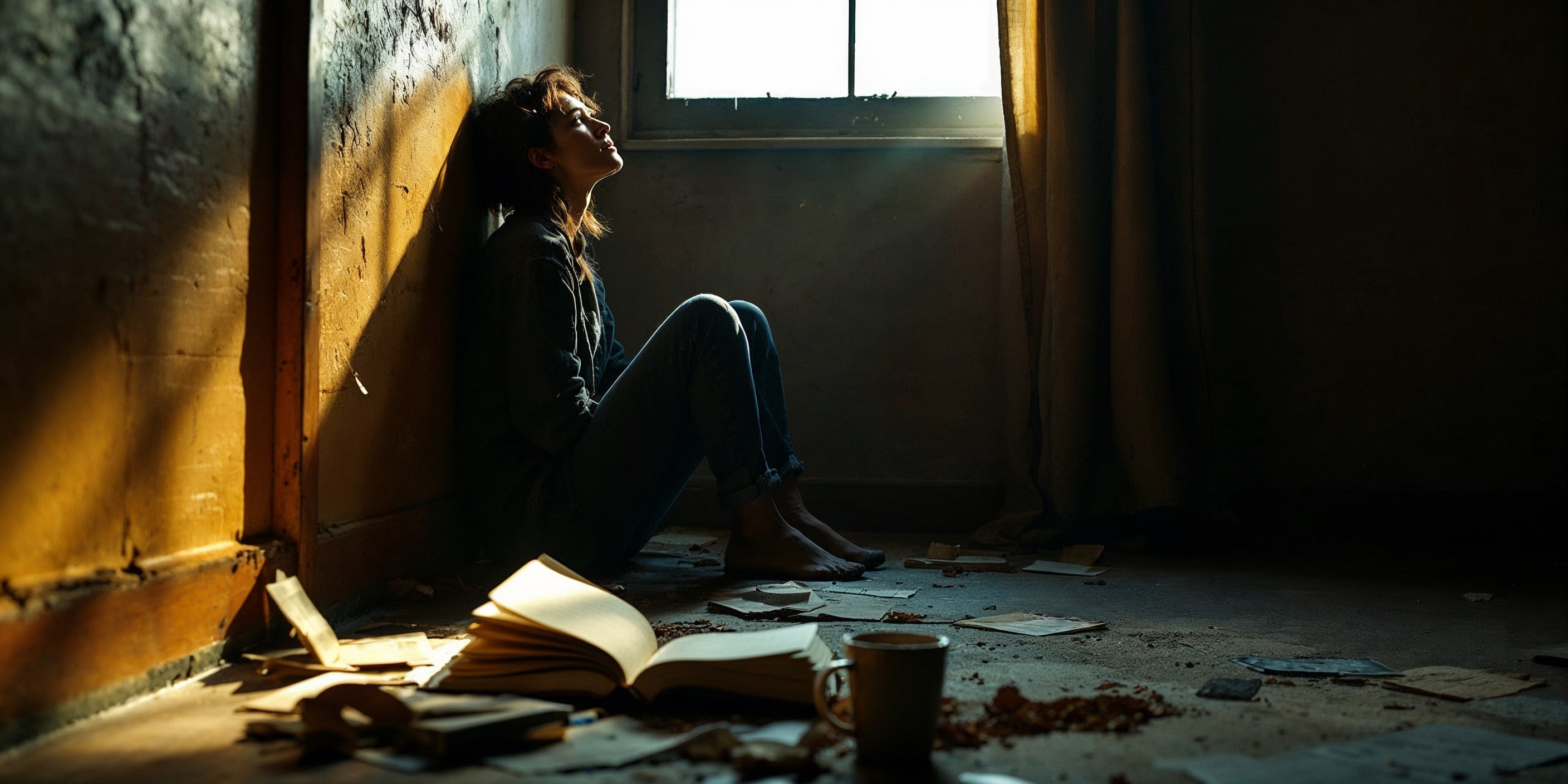 Desperate woman sitting in the dark room