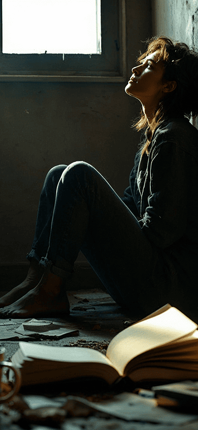 Desperate woman sitting in the dark room