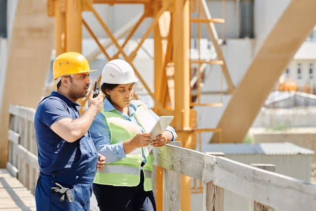 Worker using tablet on construction site