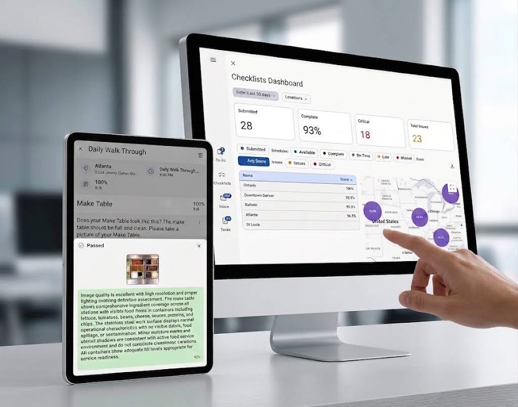 OpsAnalitica mobile app UI showing AI photo verification alongside the executive multi-unit compliance dashboard