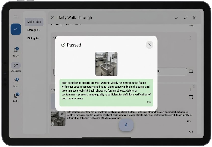 A landscape iPad showing a "Passed" checklist on a digital inspection app.
