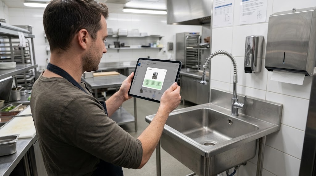 Person using a tablet with OpsAnalitica taking a picture of a sink in a commercial kitchen.