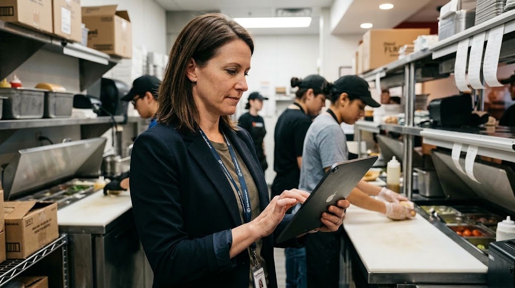 Woman auditing a kitchen.