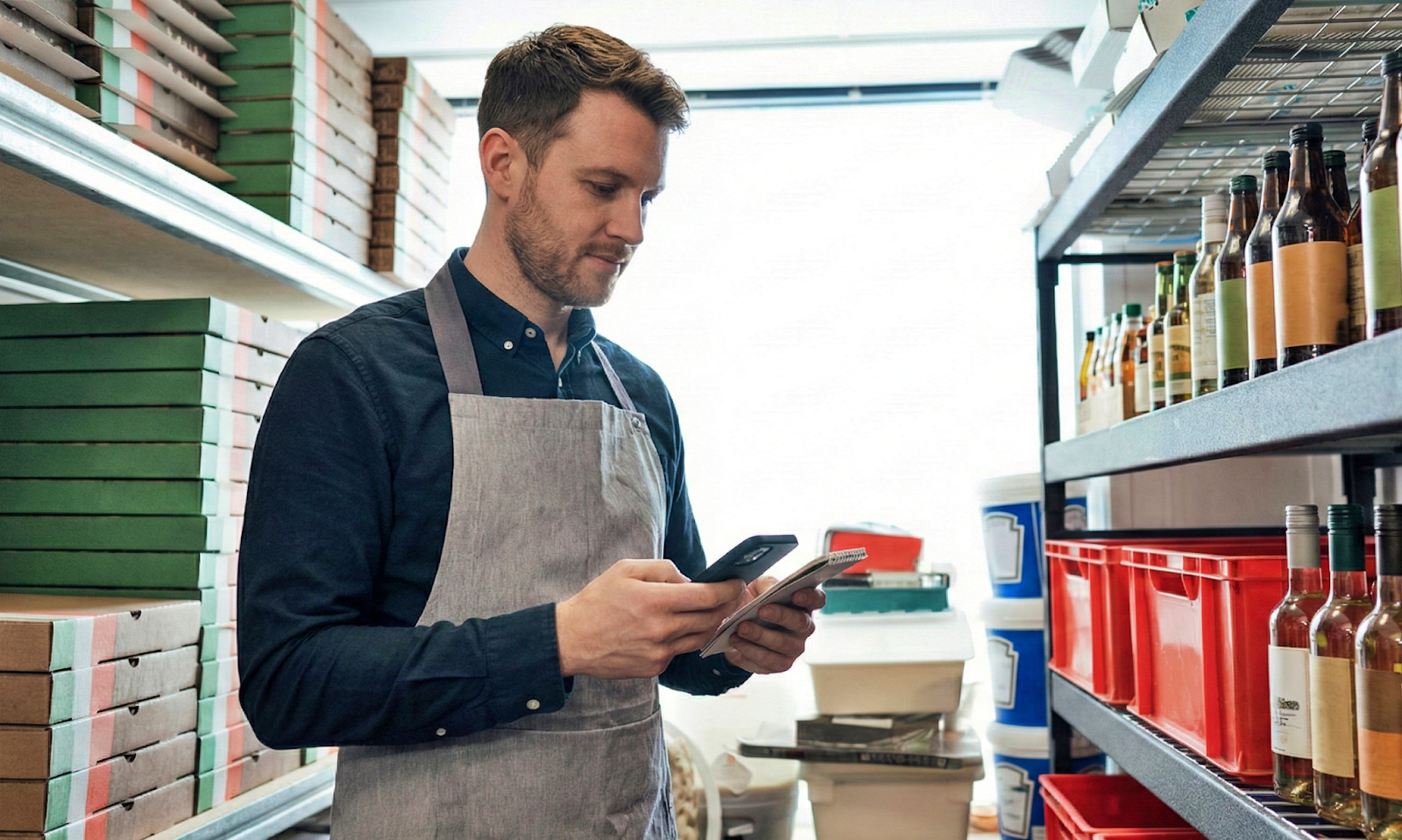  restaurant manager checking phone checklist