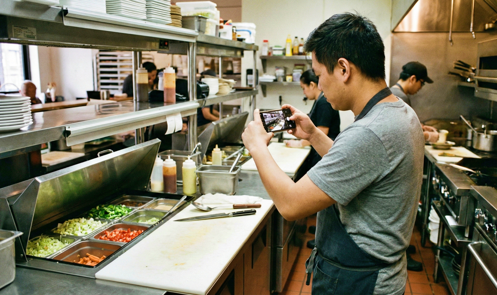  employee taking photo with smartphone restaurant