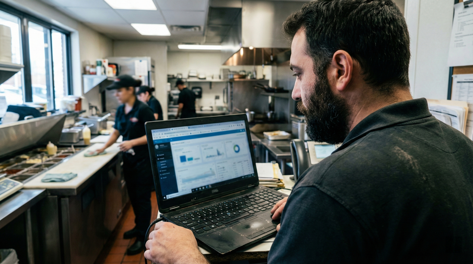restaurant manager staring at computer screen