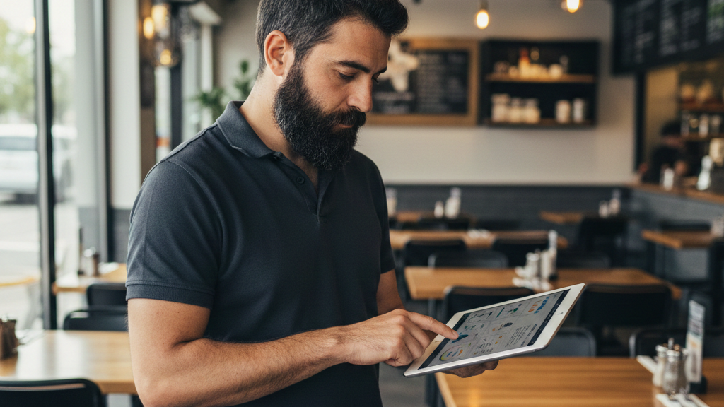  Multi-unit restaurant operations manager reviewing data on a tablet