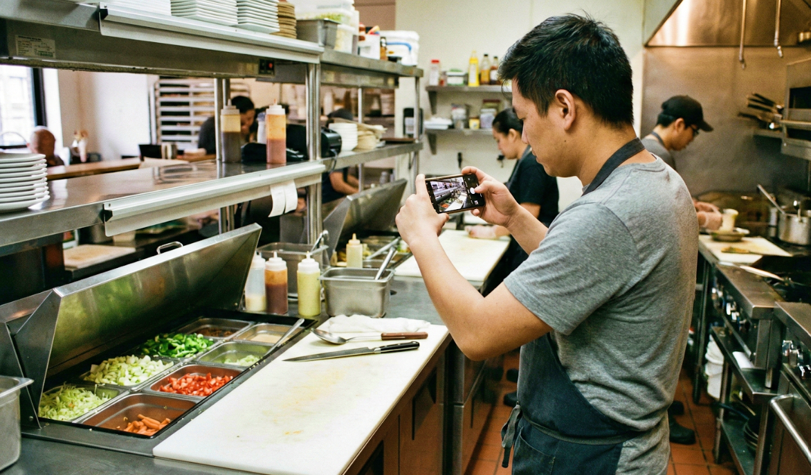 employee taking photo with smartphone restaurant