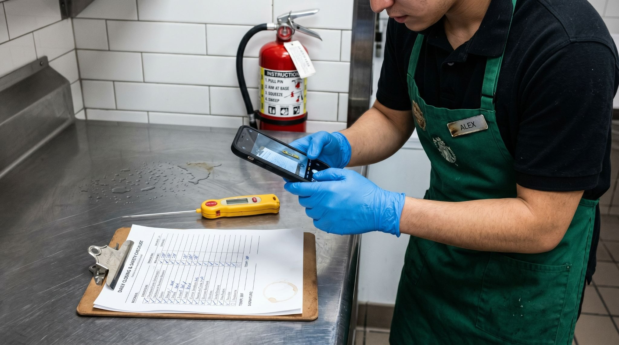 Store employee capturing photo proof of completed safety checks