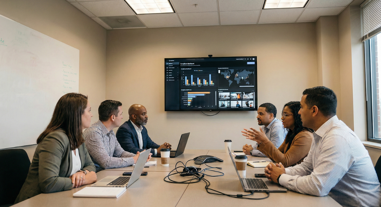 A dashboard showing compliance scores across multiple restaurant locations