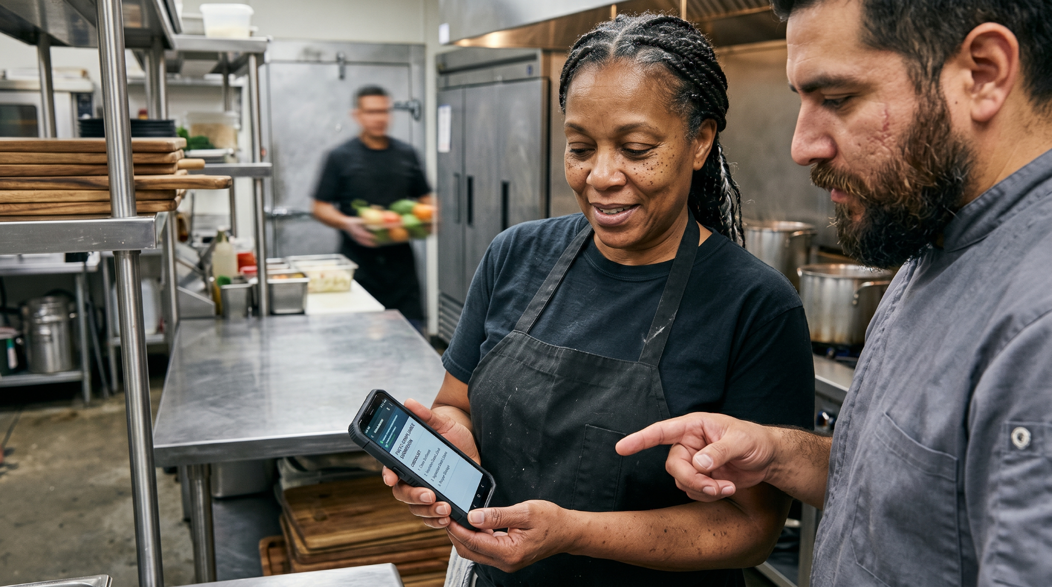 Restaurant prep team submitting photo compliance check on mobile device during kitchen setup