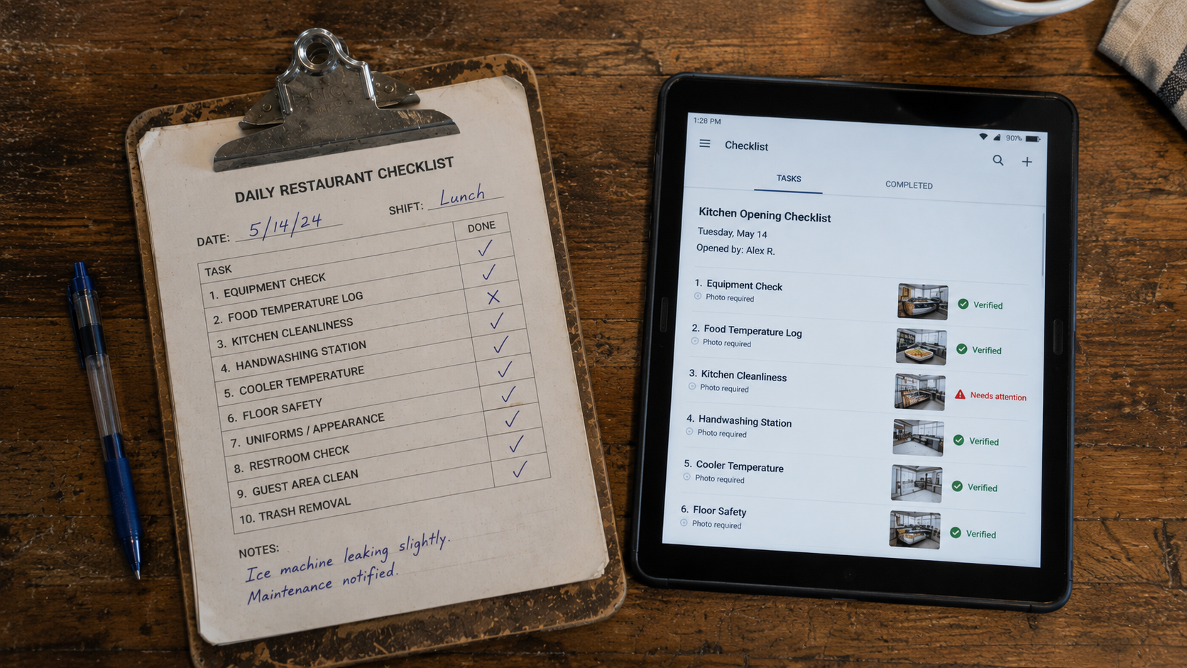 Side-by-side comparison of a paper checklist and a digital photo verification screen on a tablet