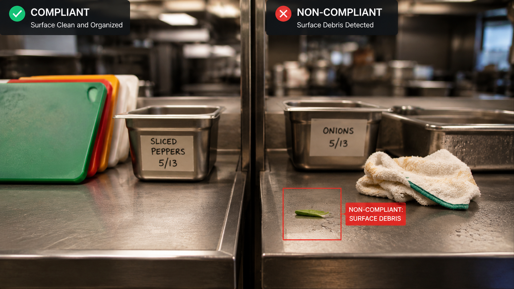 Side-by-side comparison of a compliant food prep station and a flagged non-compliant station, as identified by AI photo analysis software