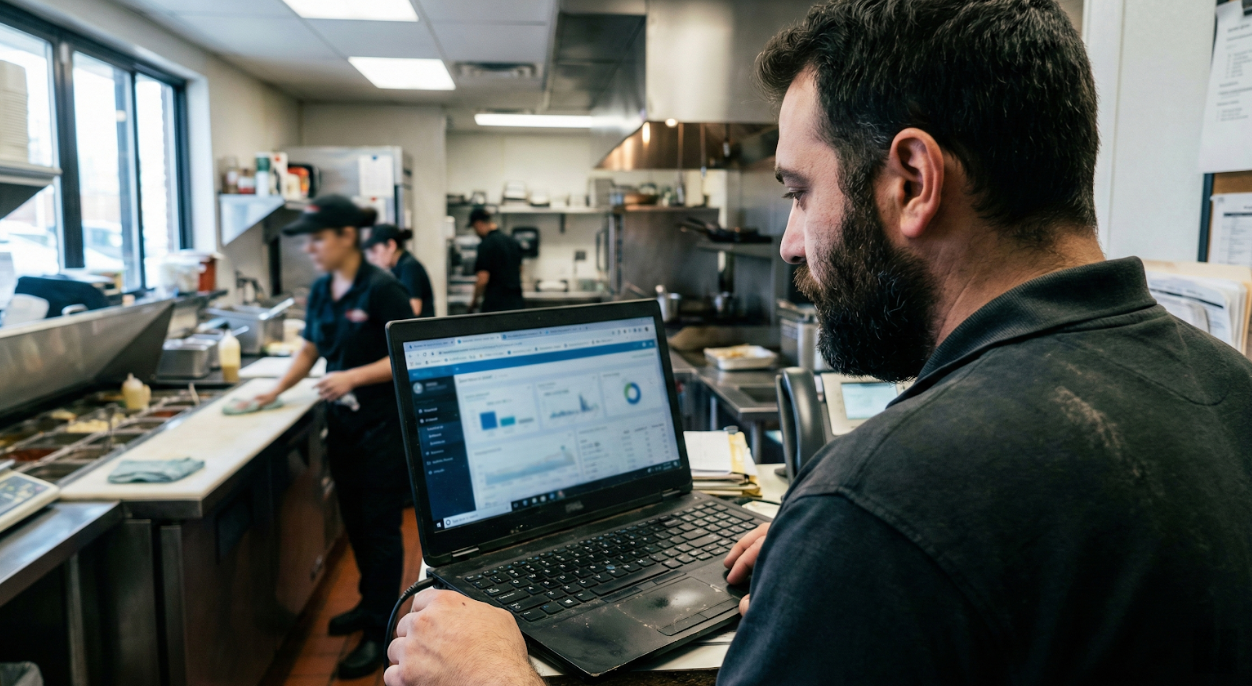  A multi-unit operations manager reviewing a real-time compliance dashboard on a desktop