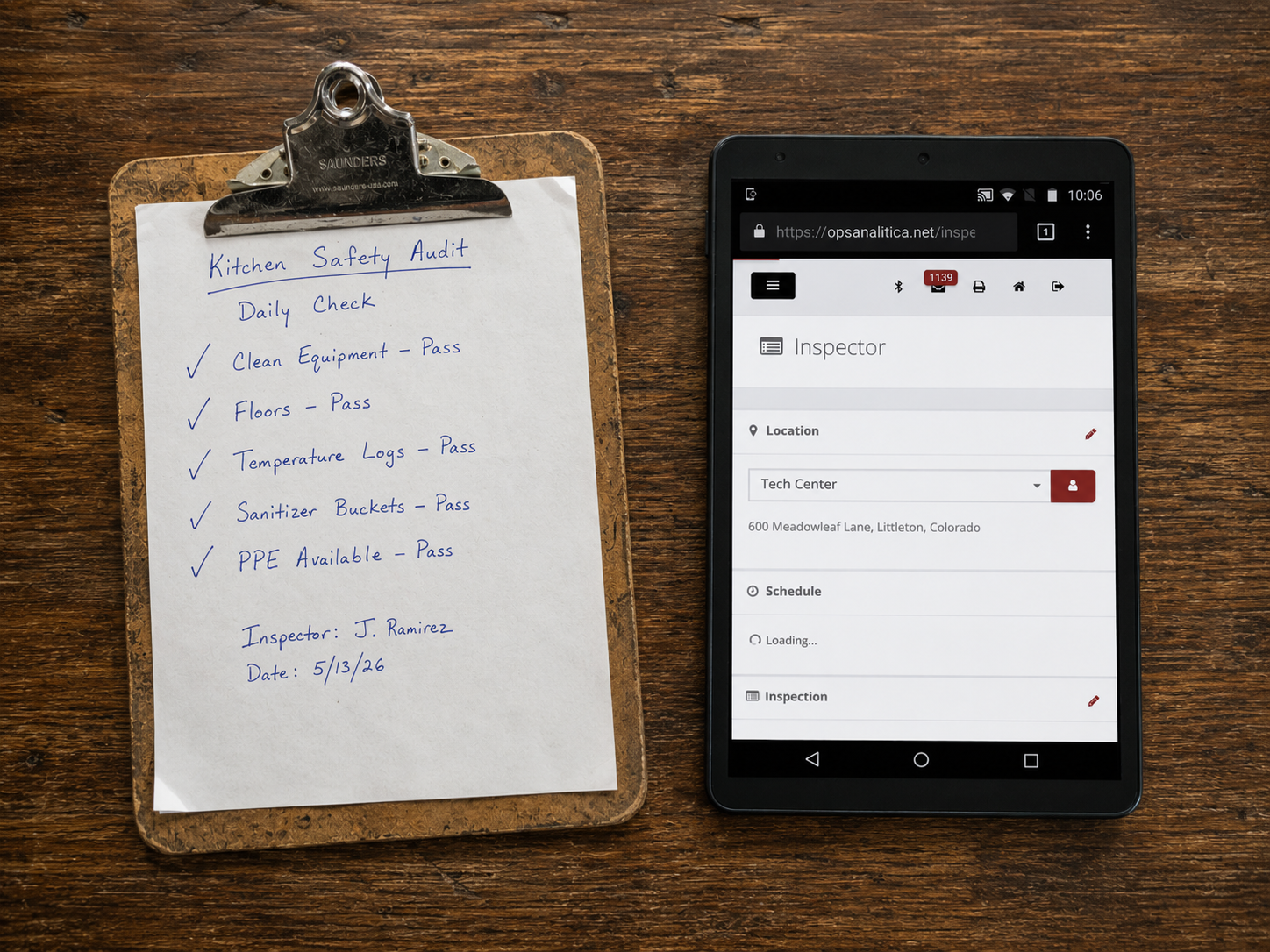 Top-down view of paper kitchen checklist beside OpsAnalitica inspection app on tablet