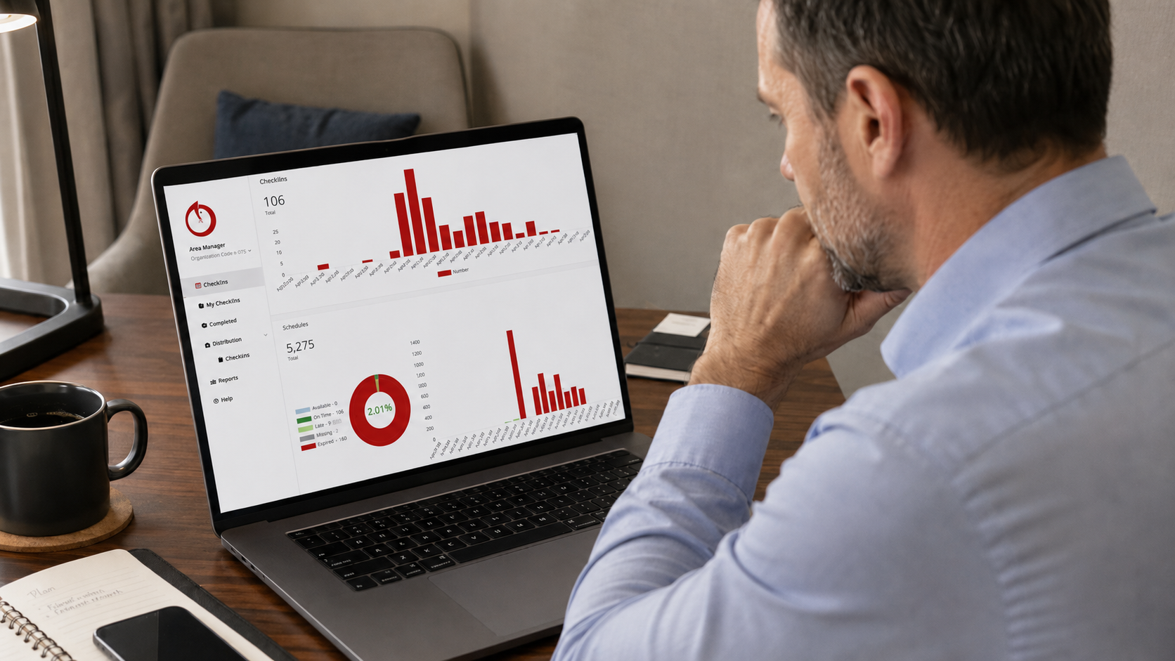 Regional franchise manager reviewing data on a laptop