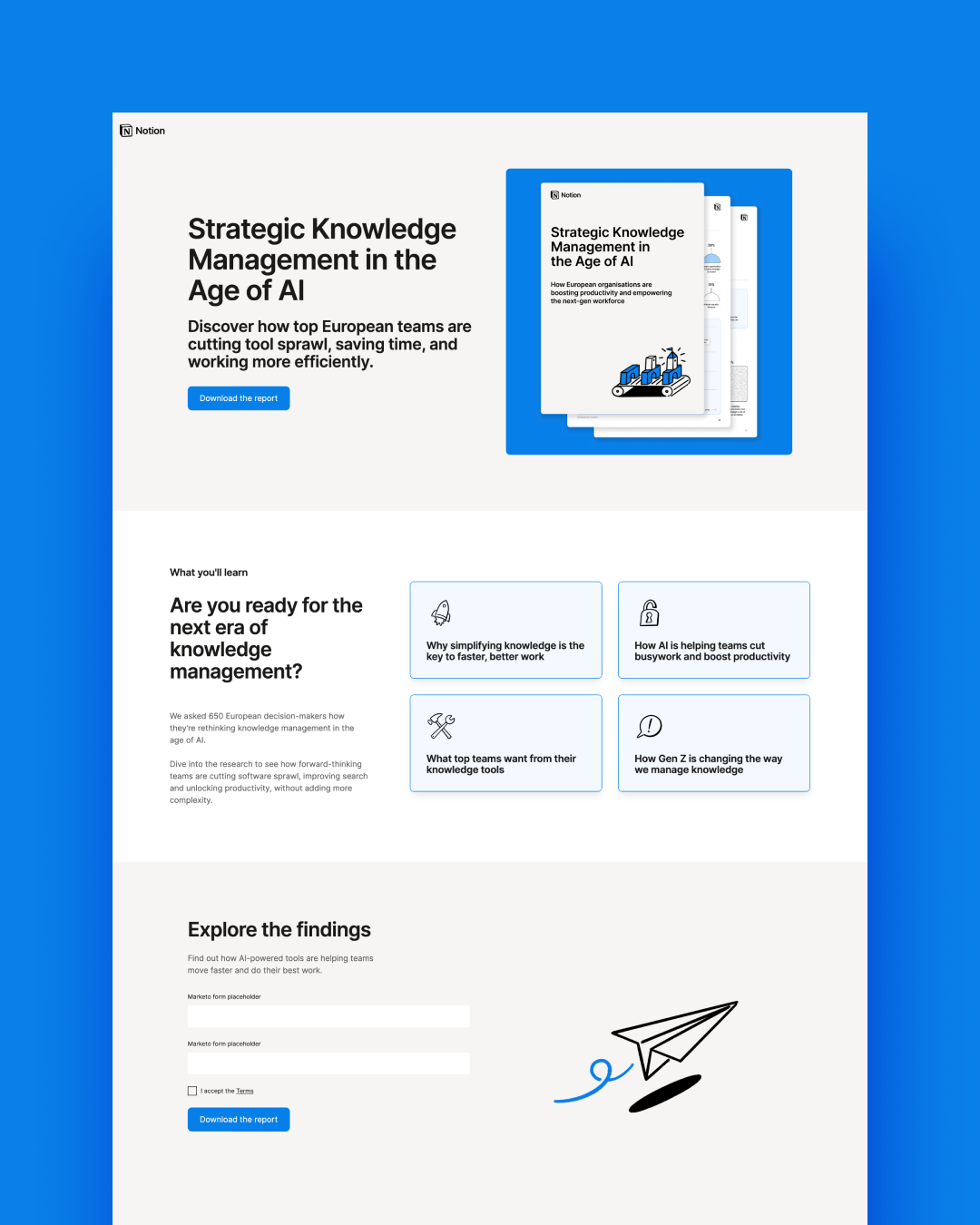Notion promotional page for a report on Strategic Knowledge Management in the Age of AI, featuring key learnings on improving knowledge work with AI.