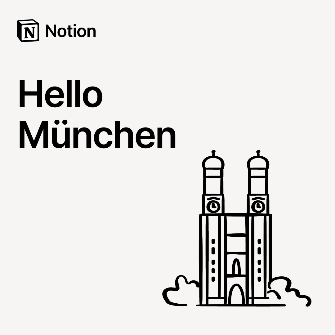 Notion logo in the top left with text 'Hello München' and a simple black line drawing of a cathedral with two towers.
