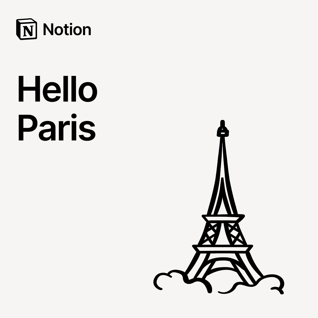 Notion logo with text 'Hello Paris' and a simple black line drawing of the Eiffel Tower.