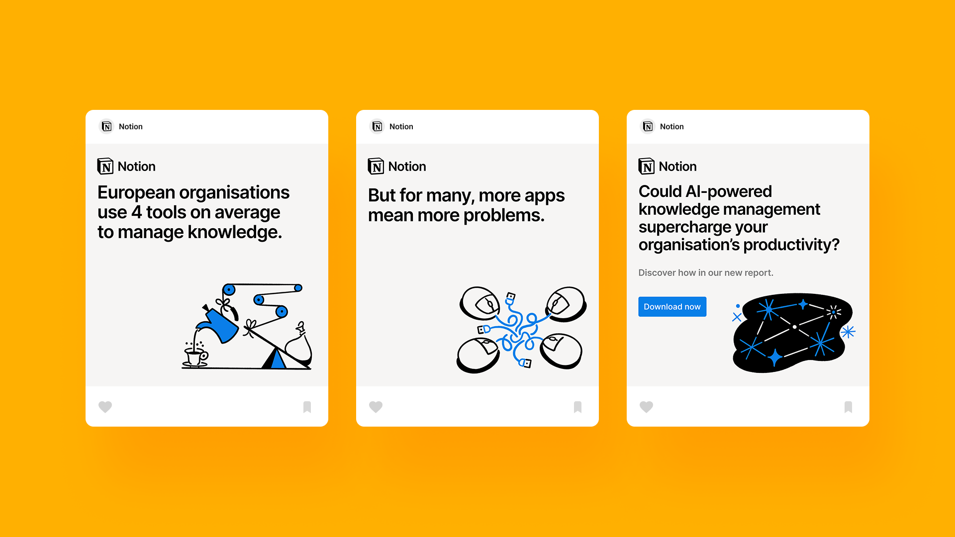 Three Notion cards side-by-side showing text and illustrations about knowledge management, app overload, and AI-powered productivity with a download button.