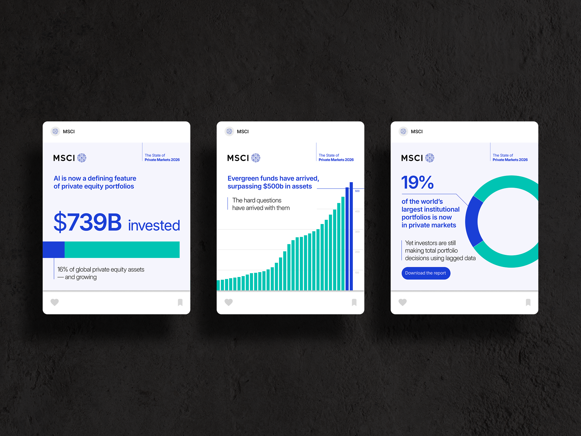 Three Notion cards side-by-side showing text and illustrations about knowledge management, app overload, and AI-powered productivity with a download button.