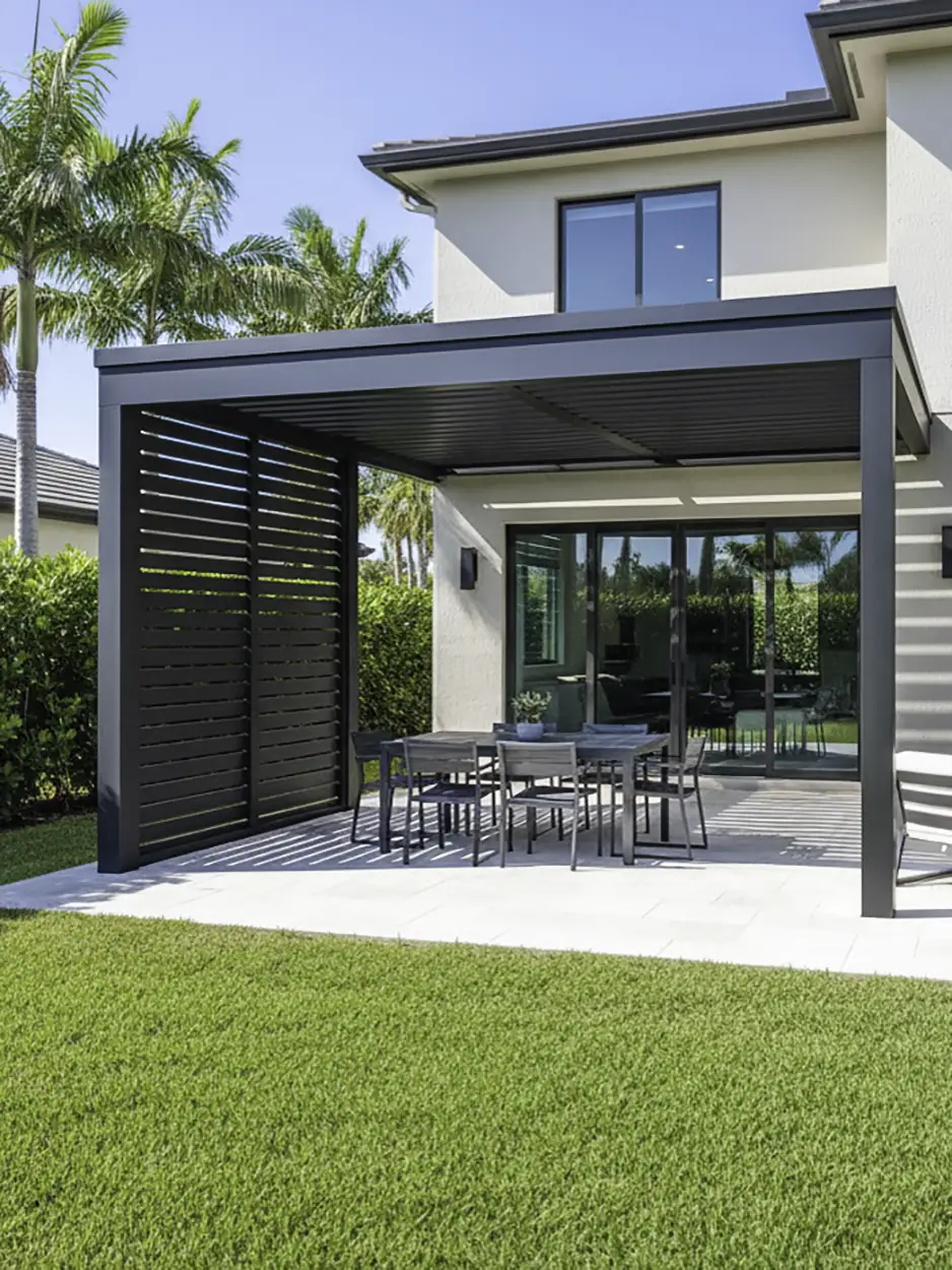 Luxury motorized louvered roof systems installed in Pinecrest, offering adjustable shade, modern design, and premium aluminum construction.