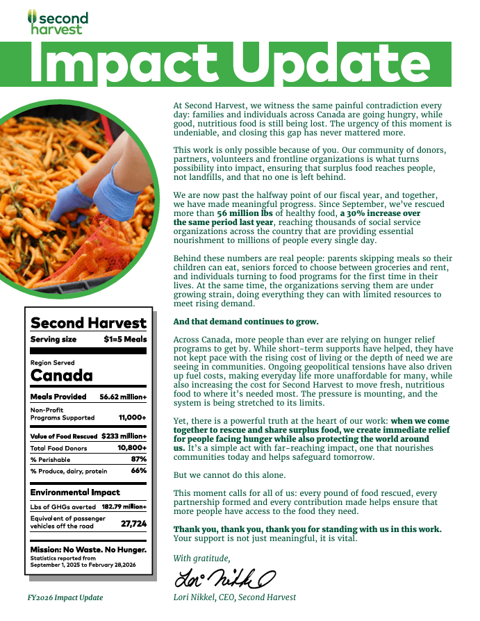 Second Harvest Impact Update report with a close-up image of a gloved hand holding a fork over a bowl of spaghetti. The report discusses the urgent issue of hunger in Canada, highlighting that over 56 million pounds of healthy food have been rescued with a 30% increase over last year. It describes the growing demand for food programs, the strain on organizations, and the critical need for community support to rescue surplus food and provide immediate relief to people facing hunger. The update includes statistics such as 56.62 million meals provided, 11,000+ supported programs, 233 million dollars in food value rescued, 10,800+ food donors, 87% perishability, 66% produce/dairy/protein, and an environmental impact of 182.79 million lbs of greenhouse gases averted, equivalent to removing 27,724 passenger vehicles from the road. The message is signed by Lori Nikkel, CEO of Second Harvest, emphasizing gratitude and a call to action to continue supporting the cause.