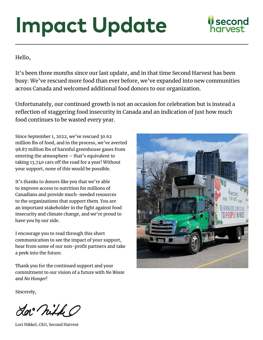 Letter titled 'Impact Update' from Second Harvest with a message from CEO Lori Nikkel about food rescue efforts, environmental impact, and support for Canadians facing food insecurity. The right side features a green Second Harvest delivery truck on a city street with buildings and the CN Tower in the background under a blue sky with clouds.