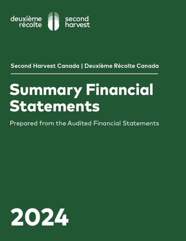 Cover page with Second Harvest Canada and Deuxième Récolte Canada logos on a dark green background, titled 'Summary Financial Statements' prepared from audited financial statements, with the year 2024 at the bottom.