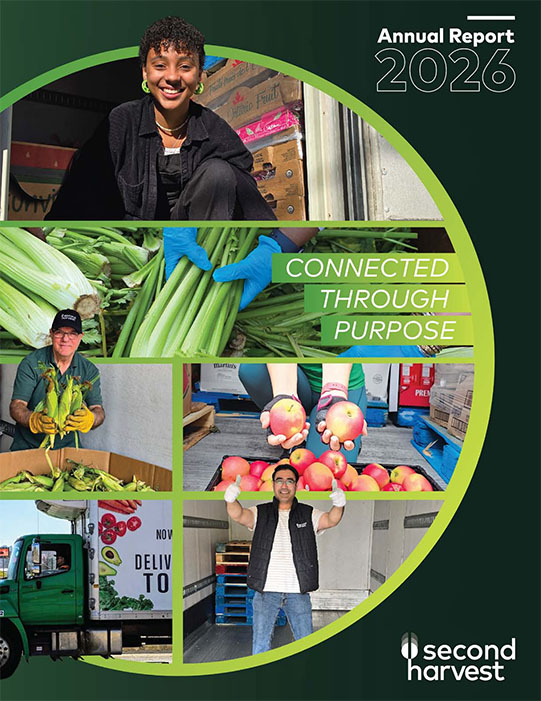 Annual Report 2026 cover featuring a smiling woman with curly hair, close-up of hands wearing blue gloves holding celery, a man holding ears of corn, hands holding apples, a green delivery truck with fresh produce graphics, and a man in a black vest raising his gloved hands in a warehouse, with the phrase 'Connected Through Purpose' and the Second Harvest logo.