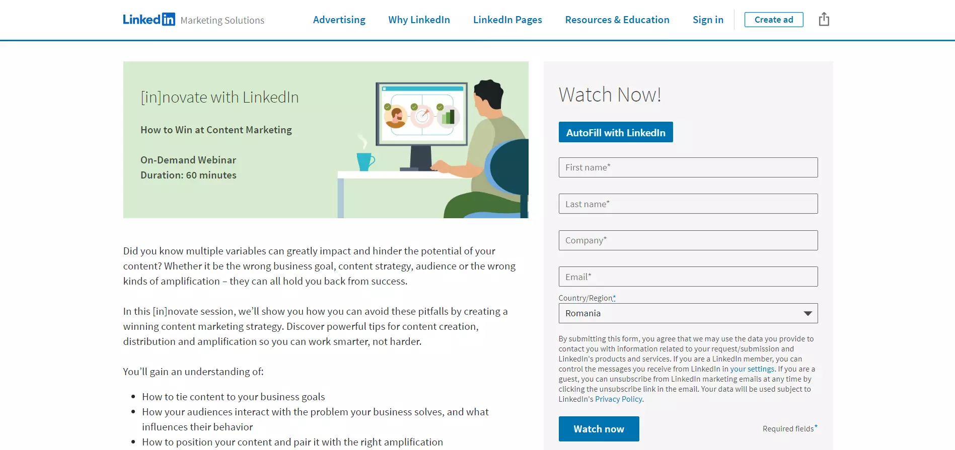 LinkedIn webinar landing page