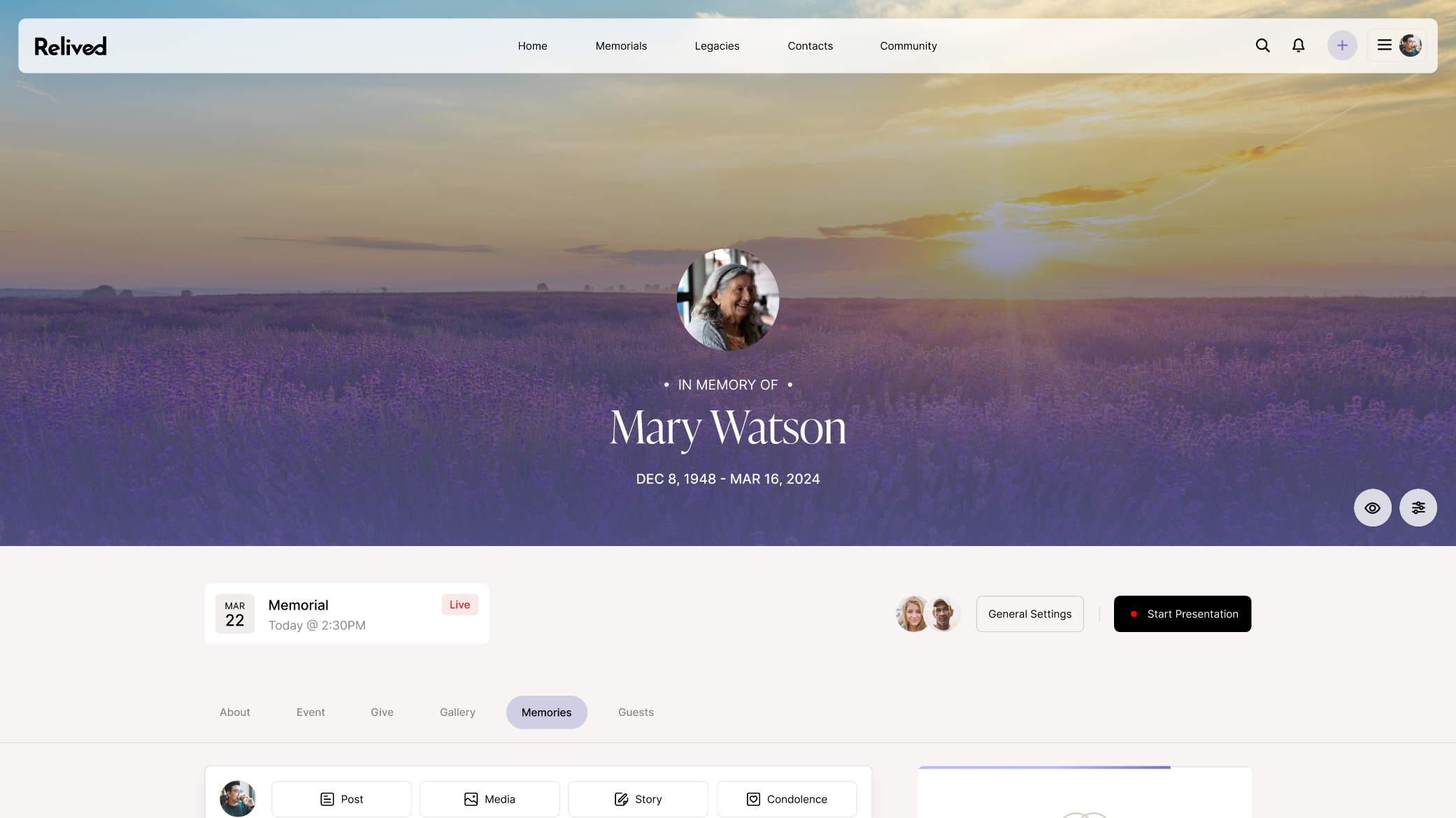 Memorials Dashboard example