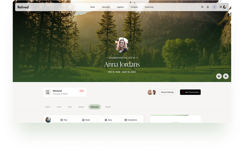 Memorials dashboard