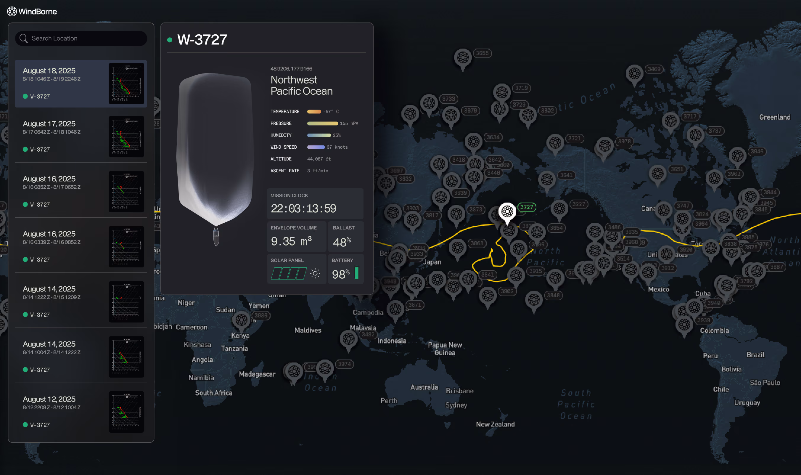 WindBorne Live dashboard, showing data collected by a balloon over the NW Pacific Ocean