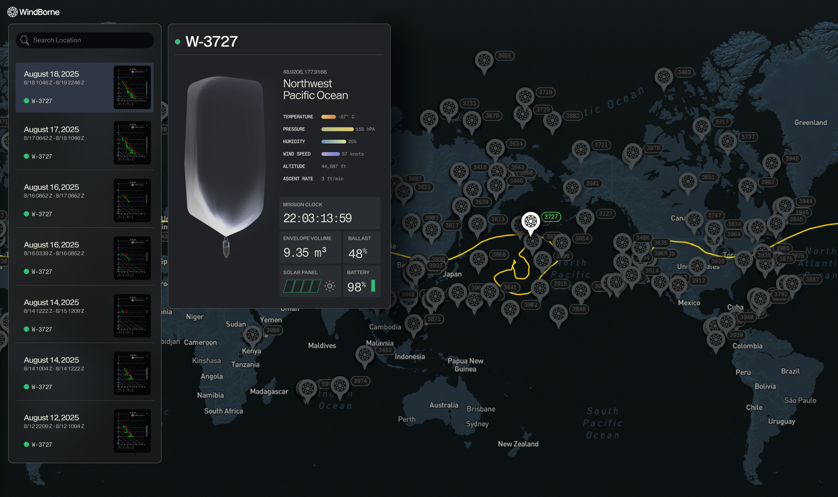 WindBorne Live dashboard, showing data collected by a balloon over the NW Pacific Ocean