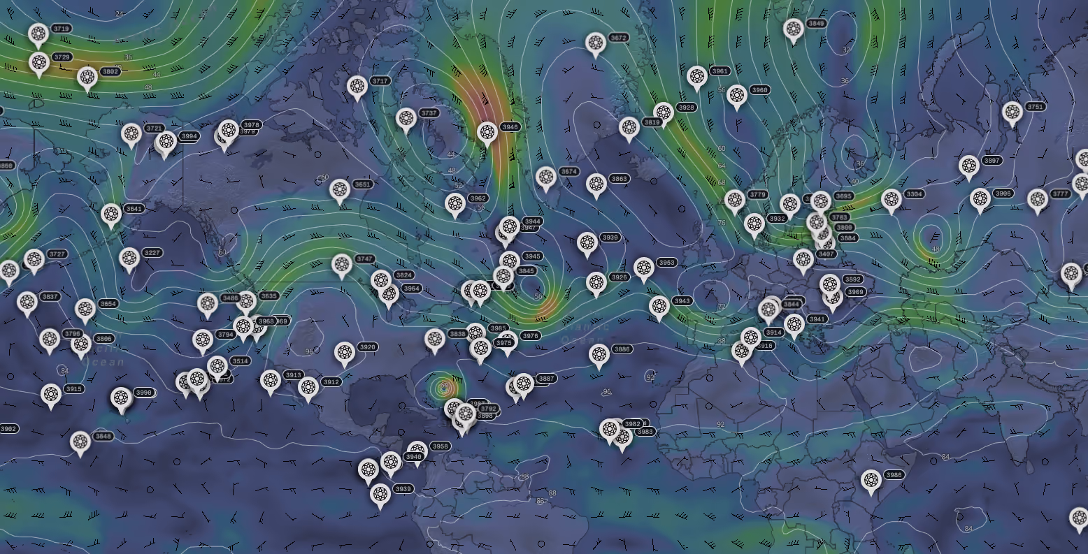 Wind map with balloon locations