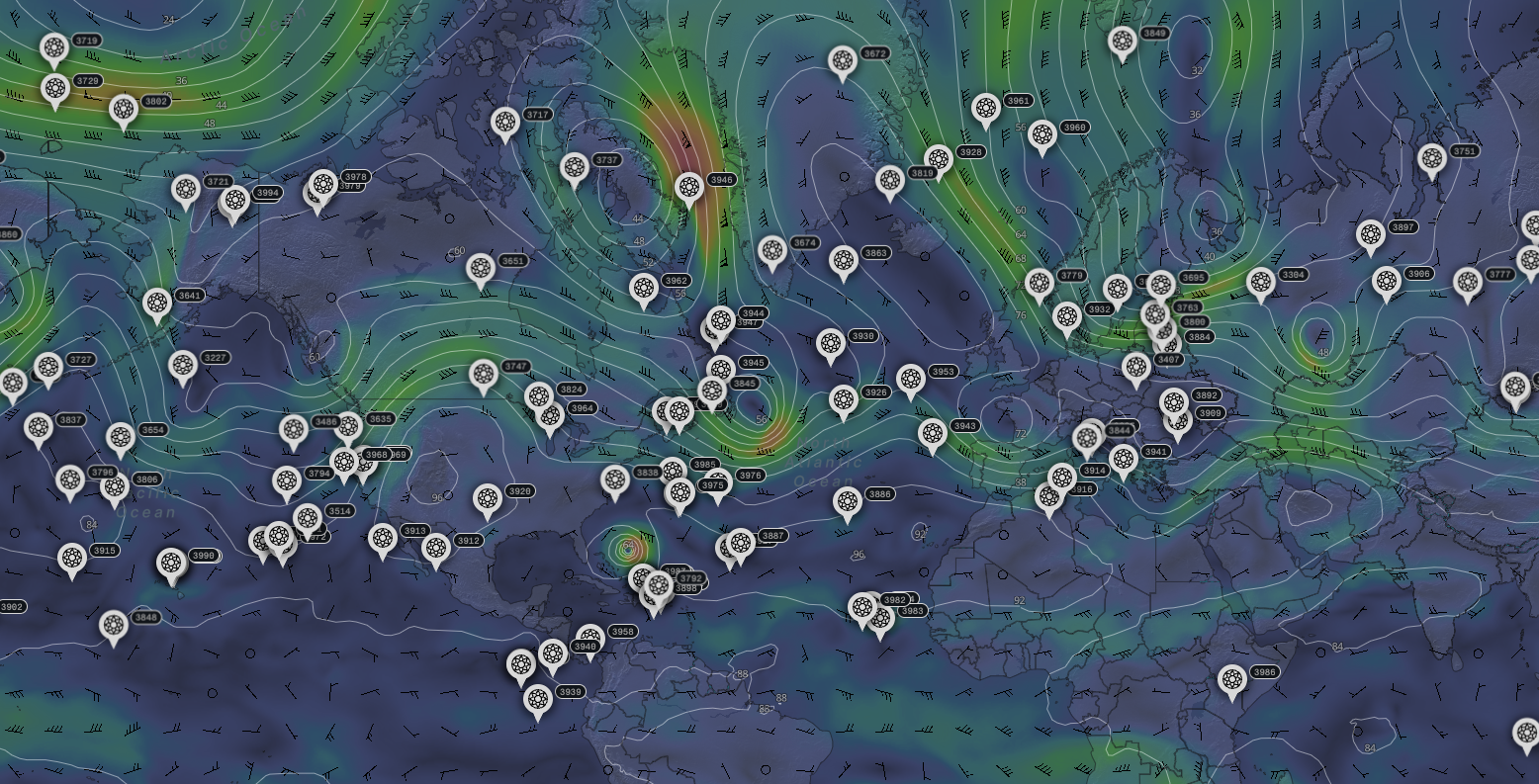 Wind map with balloon locations