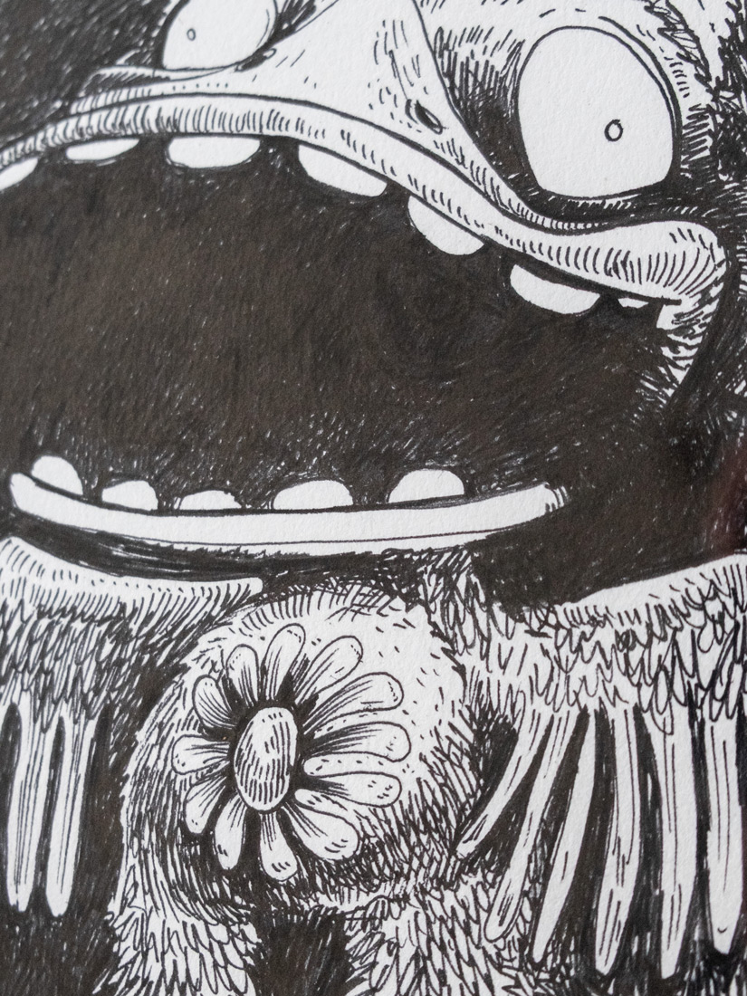 Flower Belly, original drawing by the Amsterdam based artist Nouch, ink on Arches paper, framed in Larson Juhl, detail