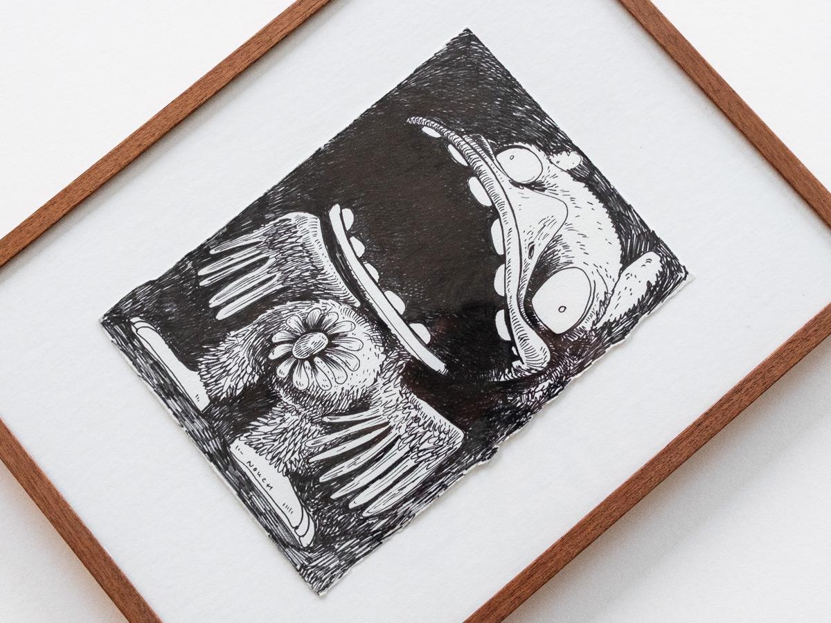 The Bird, original drawing by the amsterdam based artist Nouch, ink on Arches paper, framed in Larson Juhl