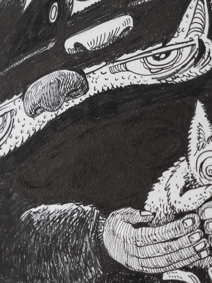 Gift, original drawing by the Amsterdam based artist Nouch, ink on Arches paper, framed in Larson Juhl, detail