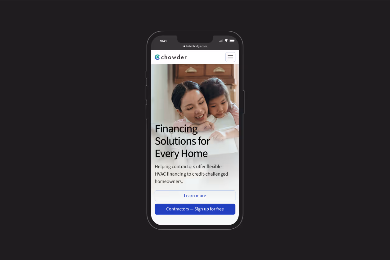 A smartphone mockup displaying the homepage of Chowderfinancial.com website.