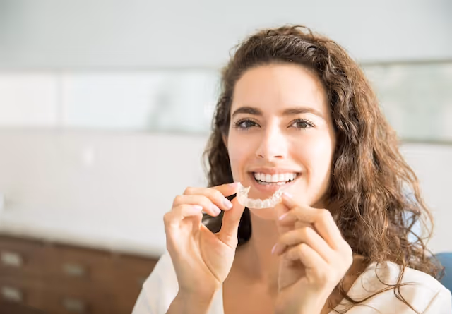 mujer sonriendo con retenedores dentales